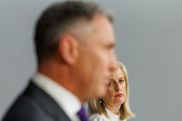 Richard Marles and Minister for Government Services Katy Gallagher during a press conference in Sydney. 