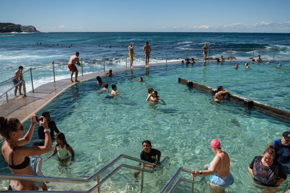 Beachgoers stay out of the waves in Bronte’s ocean pool.
