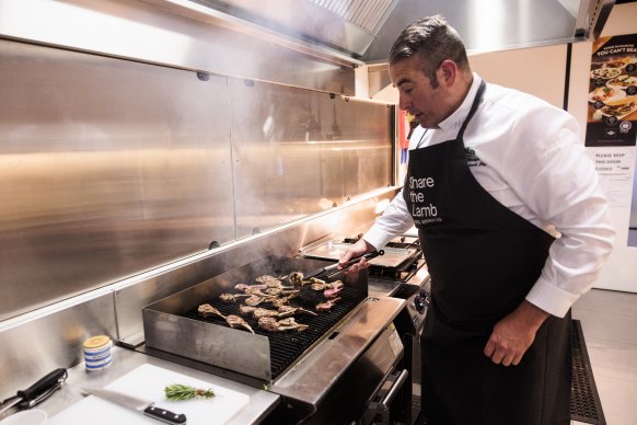 MLA corporate executive chef Sam Burke cooks up climate-neutral lamb at the Meat and Livestock Association’s North Sydney offices.