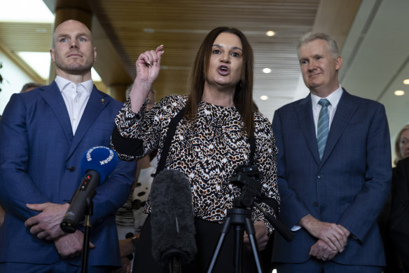 Senators Jacqui Lambie and David Pocock with Labor’s Minister for Employment and Workplace Relations Tony Burke on Thursday.