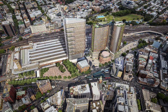 Artist impression of the $3b Central Place Sydney project from the west, at Central station, Sydney