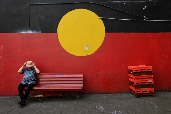 A mural of the Aboriginal flag in Newtown, in Sydney’s inner west, where Aboriginal flags will fly at half-mast.