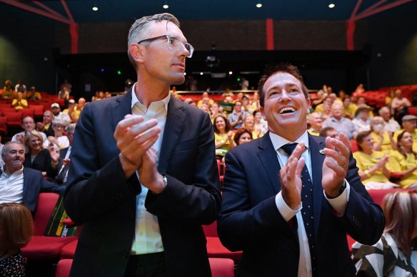 Former premier Dominic Perrottet (left) and former NSW Nationals leader and deputy premier Paul Toole (right) at the launch of the Nationals’ election campaign in Taree in February 2023.