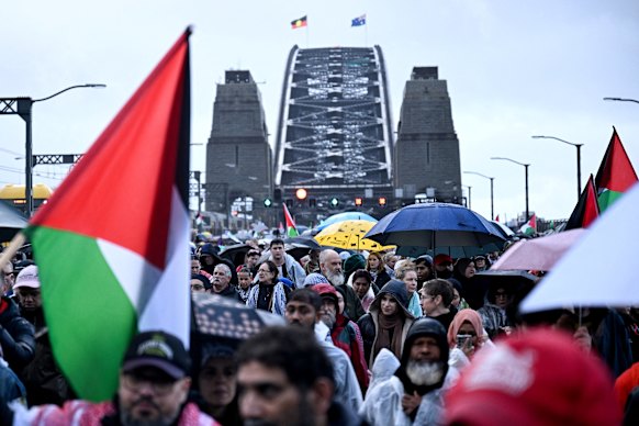 Demonstrators at the Harbour Bridge.