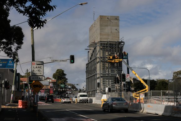 The exhaust stack at Iron Cove, photographed under construction in May, at the entrance to the tunnel that will take cars off Victoria Road.