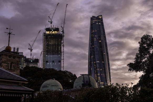 One Sydney Harbour and the Crown tower - in Barangaroo South - are visible looking west from Sydney Observatory.