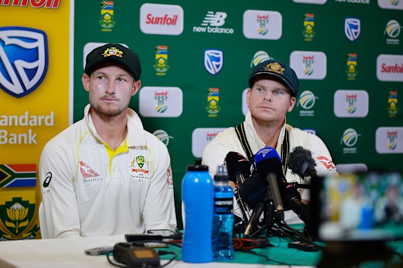 Steve Smith and Cameron Bancroft face the media after the Cape Town cheating scandal.