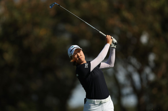 Minjee Lee tees off during her opening round of the Australian Open at The Lakes.