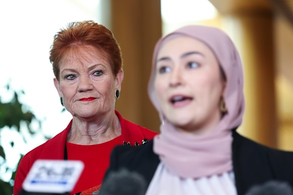 Allies on the unfairness of staff allocations: One Nation leader Pauline Hanson and the Labor defector and independent senator Fatima Payman.