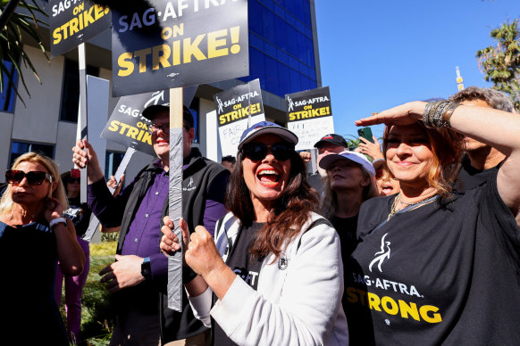 SAG-AFTRA union president Fran Drescher on the picket line outside  Netflix offices in Los Angeles.