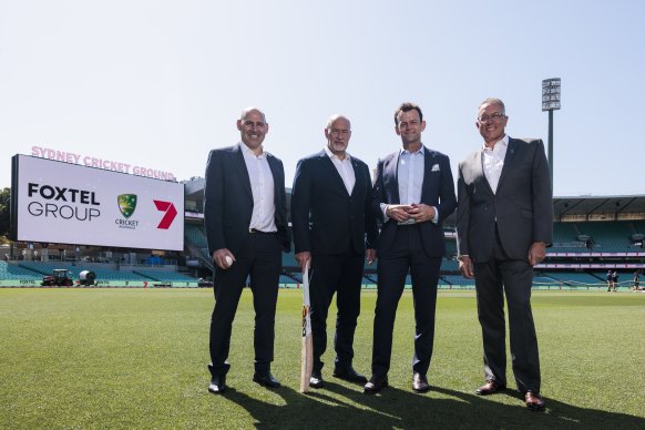 Cricket Australia CEO Nick Hockley, Seven's sporting director Lewis Martin, commentator Adam Gilchrist and Foxtel boss Patrick Delany at the SCG to announce the $1.5 billion broadcasting rights deal.