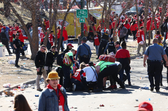 Medical personnel respond to a shooting at Union Station during the Kansas City Chiefs victory parade.