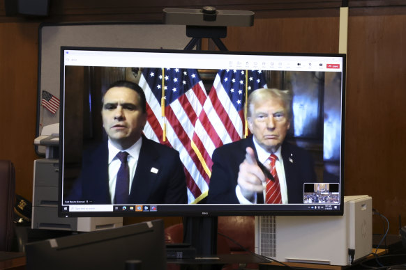 President-elect Donald Trump and lawyer Todd Blanche (left) appear before court remotely.