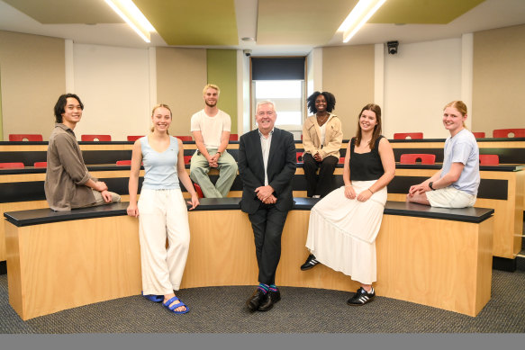 Ballarat Clarendon students (from left) Benjamin Nguyen, Georgina Kemp, Tom Kirby,  Paidamoyo Ndoro, Lucy Chester and Lucy Richardson with principal David Shepherd (centre).