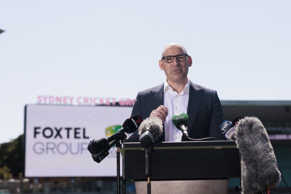 Nick Hockley, backed by Foxtel branding, at the SCG.