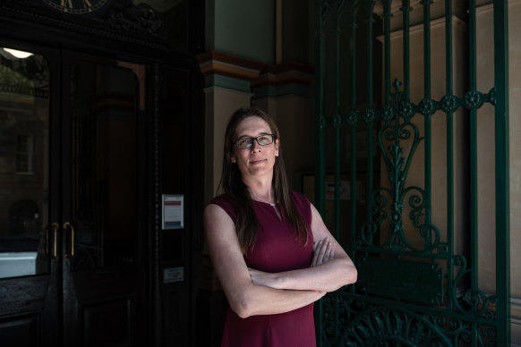 Dr Eloise Brook outside the NSW inquiry into LGBTIQ hate crimes.