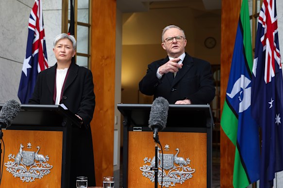 Albanese and Foreign Minister Penny Wong at Monday’s announcement.