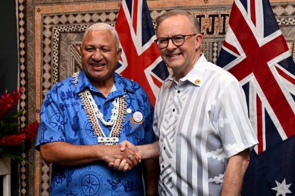 Fiji Prime Minister Frank Bainimarama with Prime Minister Anthony Albanese in Suva  in July.