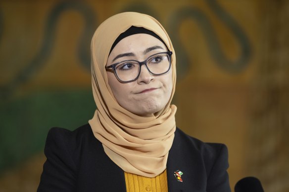 Senator Fatima Payman during a press conference at Parliament House in Canberra on Thursday.