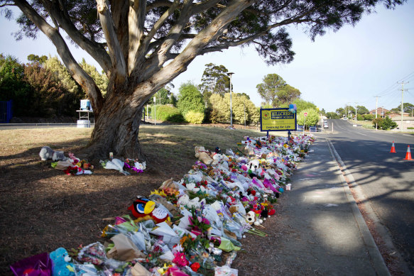 Toys, flowers and notes left outside Hillcrest Primary School in Devonport in December 2021. 