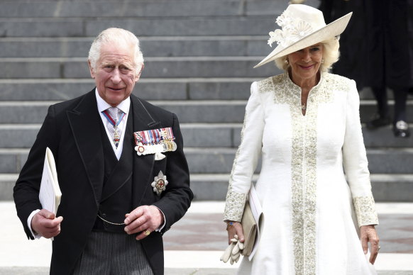 King Charles III and the Queen consort leave after a service of thanksgiving for the reign of Queen Elizabeth II at St Paul’s Cathedral in London in June this year. 