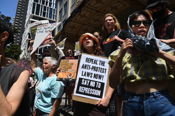 A group of protesters on the steps of the Downing Centre Court call for the release of activist Deanna “Violet” Coco, the end of protest laws, and climate action.