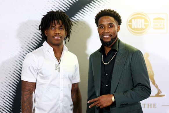 Sydney Kings star Kendric Davis and Adelaide 36er Bryce Cotton at the NBL MVP Awards in February.