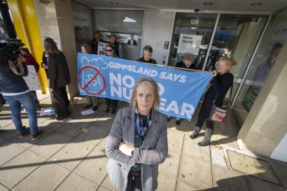 Wendy Farmer protesting outside Darren Chester’s electorate office in Traralgon last month.