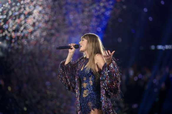 Taylor Swift on stage in Sao Paolo during the Eras tour of Brazil in November.