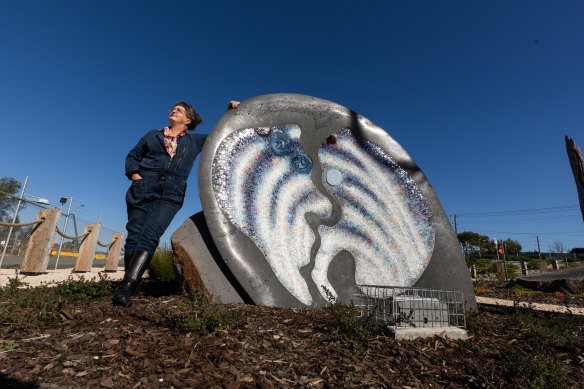 Bodycomb with the mosaic she created near the Geelong ferry terminal.