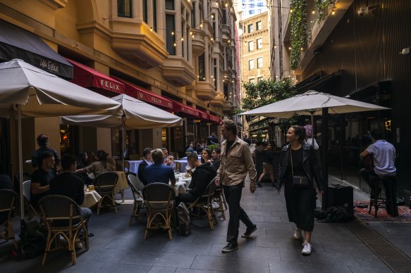 The sun poked through on Friday afternoon as diners packed into Ash Street and surrounds in the Sydney CBD.