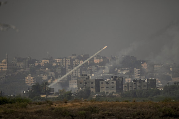 Rockets are fired from within Gaza on Monday, seen from southern Israel.