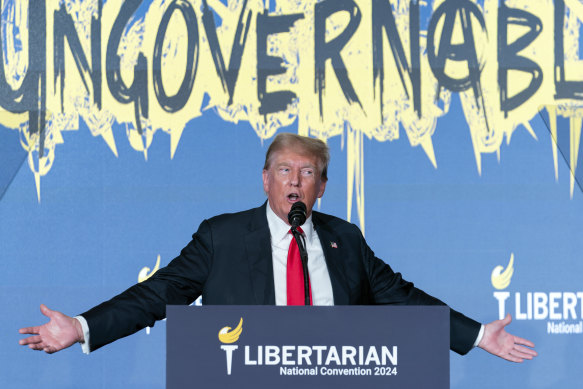 Republican presidential candidate, former President Donald Trump speaks at the Libertarian National Convention at the Washington Hilton in Washington.