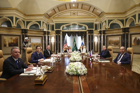 Steve Witkoff (left) and Russian foreign policy adviser Yuri Ushakov (second right) join talks in Saudi Arabia in February.