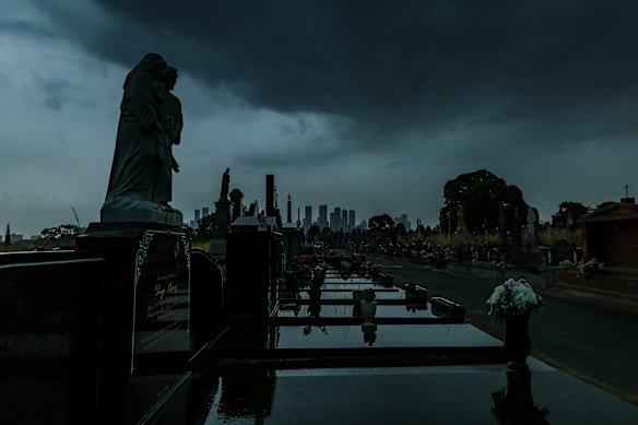 Dark skies over Melbourne Cemetery.