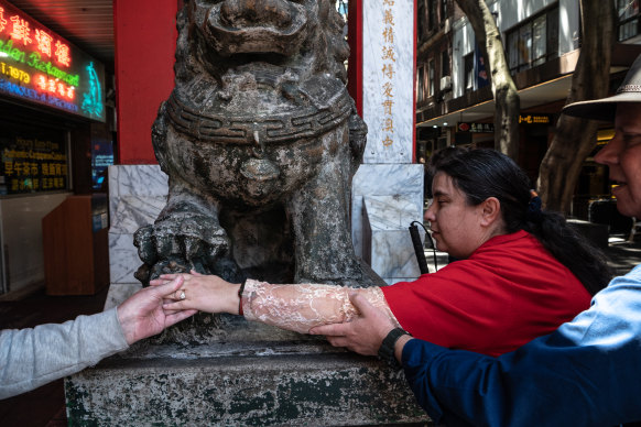 Jennifer Parry at the Dixon Street eastern paifang or ceremonial archway.