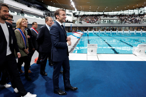 President Macron at the aquatic centre.