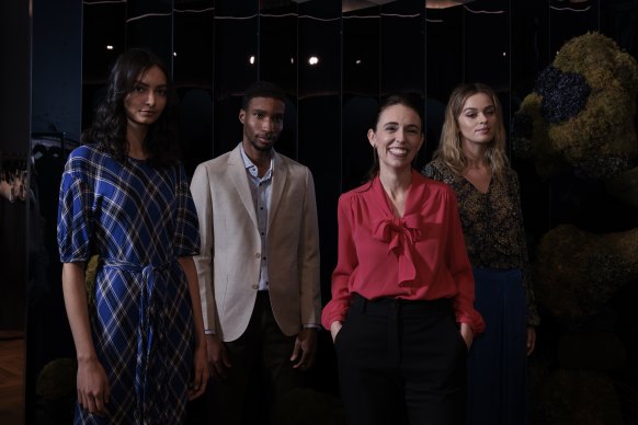 NZ Prime Minister Jacinda Ardern at the launch of The NZ Design Edit at David Jones, Sydney. With models wearing (l-r) Kate Sylvester, Barkers suit and Max.