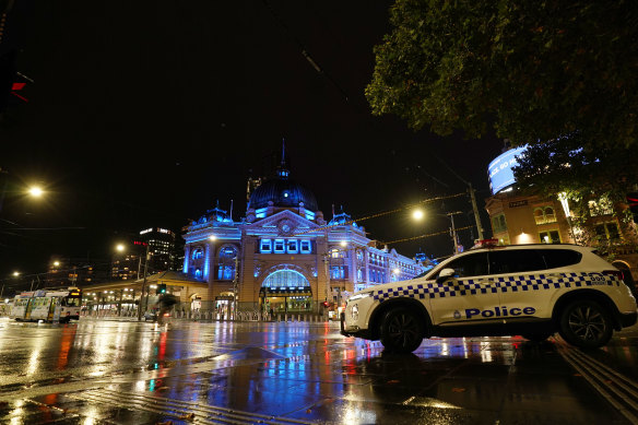 Flinders Street Station was lit up in blue on Thursday evening.