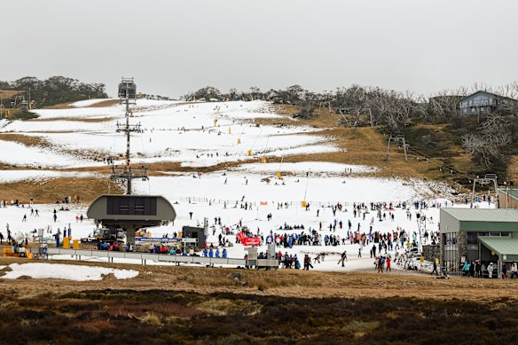 Snow was scarce on the slopes at Perisher on Sunday, June 28.