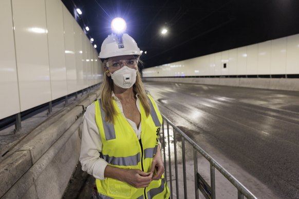 NSW Metropolitan Roads Minister Natalie Ward in one of the Rozelle interchange’s tunnels.