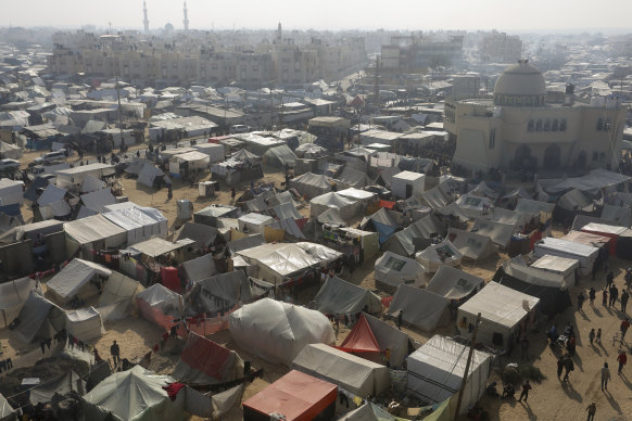 A makeshift tent camp where Palestinians displaced by the Israeli bombardment of the Gaza Strip are living.