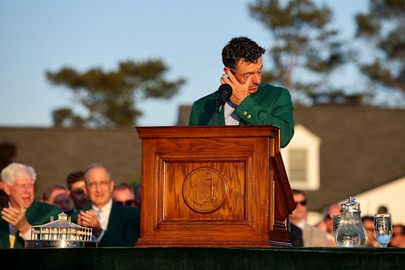 McIlroy wipes away tears during the winner's speech.