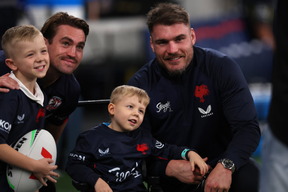 Angus Crichton posing for fans before watching the Roosters play the Eels in round five.