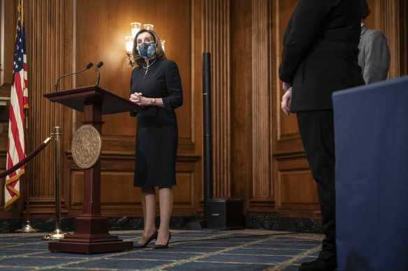 US House Speaker Nancy Pelosi, a Democrat from California, speaks before signing articles of impeachment against President Donald Trump.