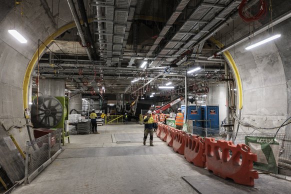 Platforms and connecting tunnels are more than 30 metres beneath the surface at the new Martin Place station.