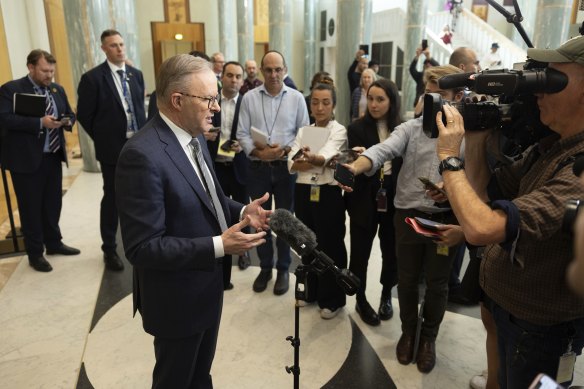 Prime Minister Anthony Albanese speaking to reporters in Canberra earlier today. 