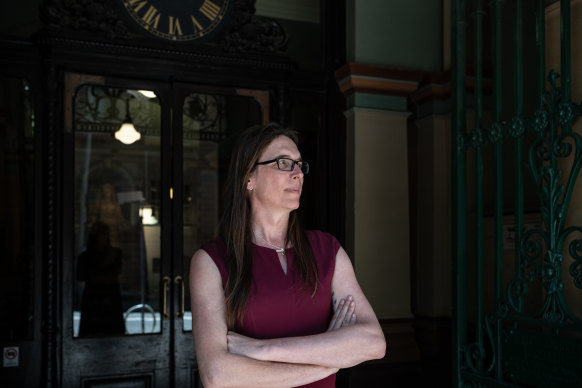 Dr Eloise Brook outside the LGBTIQ hate crimes inquiry on Thursday.