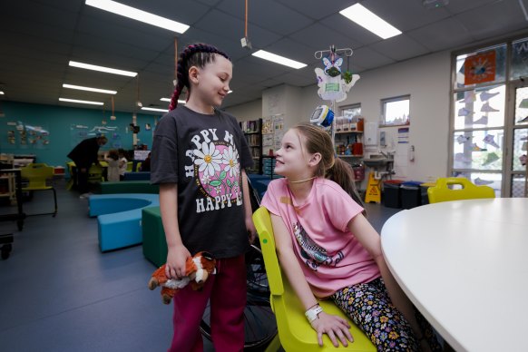 Alaycia Wright, left, and Mahalia Zammit in class at Westmead Hospital School.