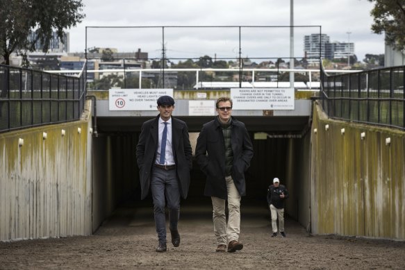 James and Edward Cummings walk off Flemington together after trackwork during the Melbourne Cup week.  
